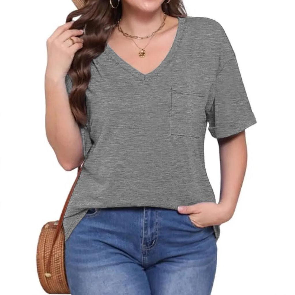Grey loose fit men's V-neck T-shirt with chest pocket on short sleeves