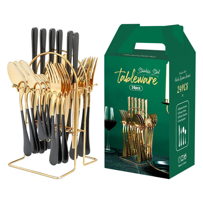 24-piece gold stainless steel dinnerware set with storage rack including knives forks spoons teaspoons