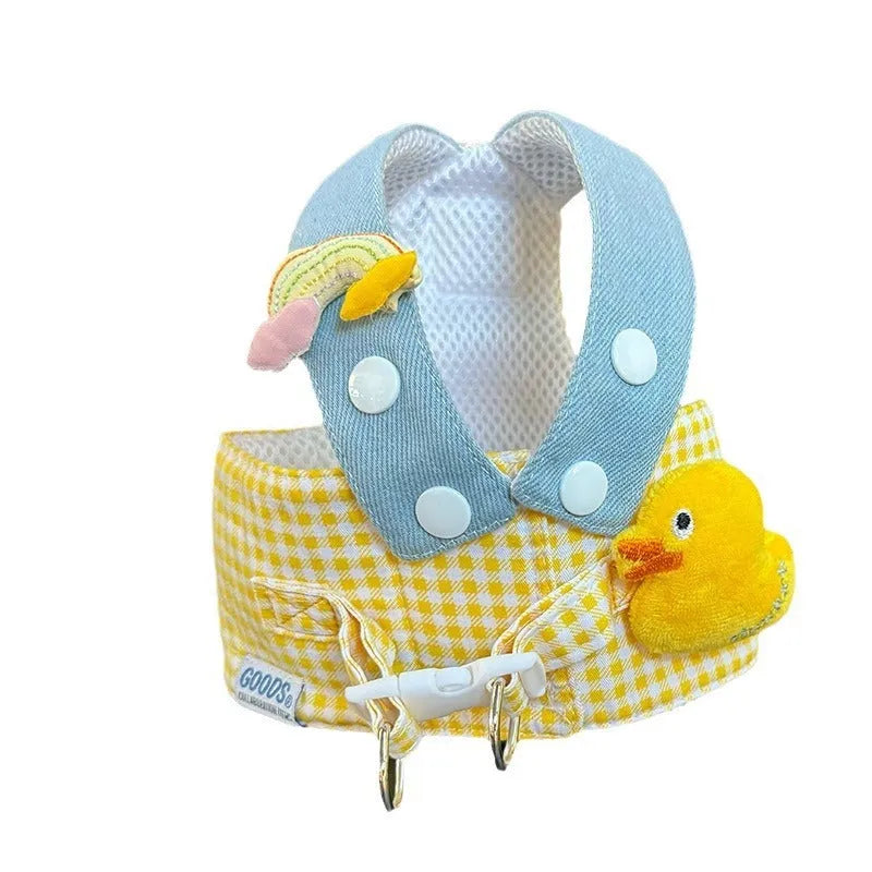 Three-piece dog harness set with leash attachment, rope toy, and matching hat for small to medium pets