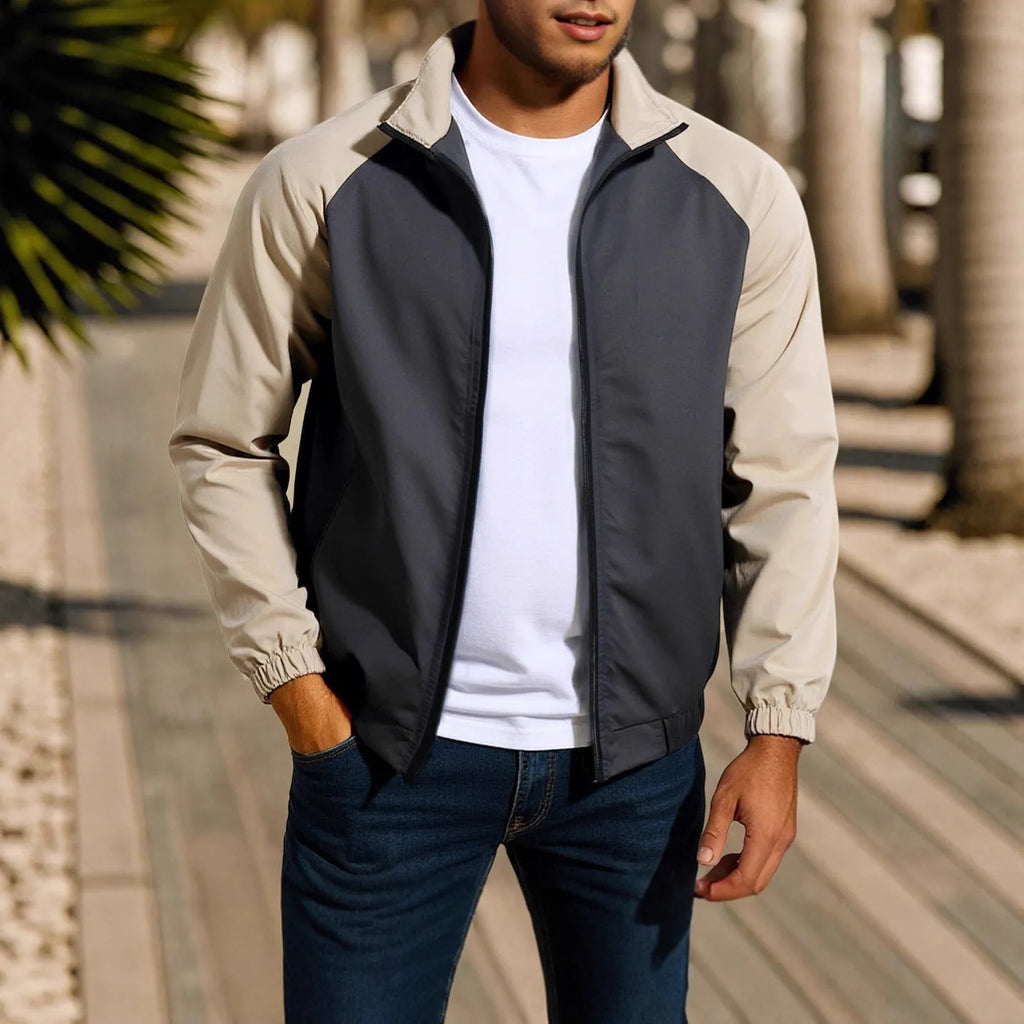 Men's casual stand collar contrast colour jacket in loose fit, polyester blend, green colour, front view
