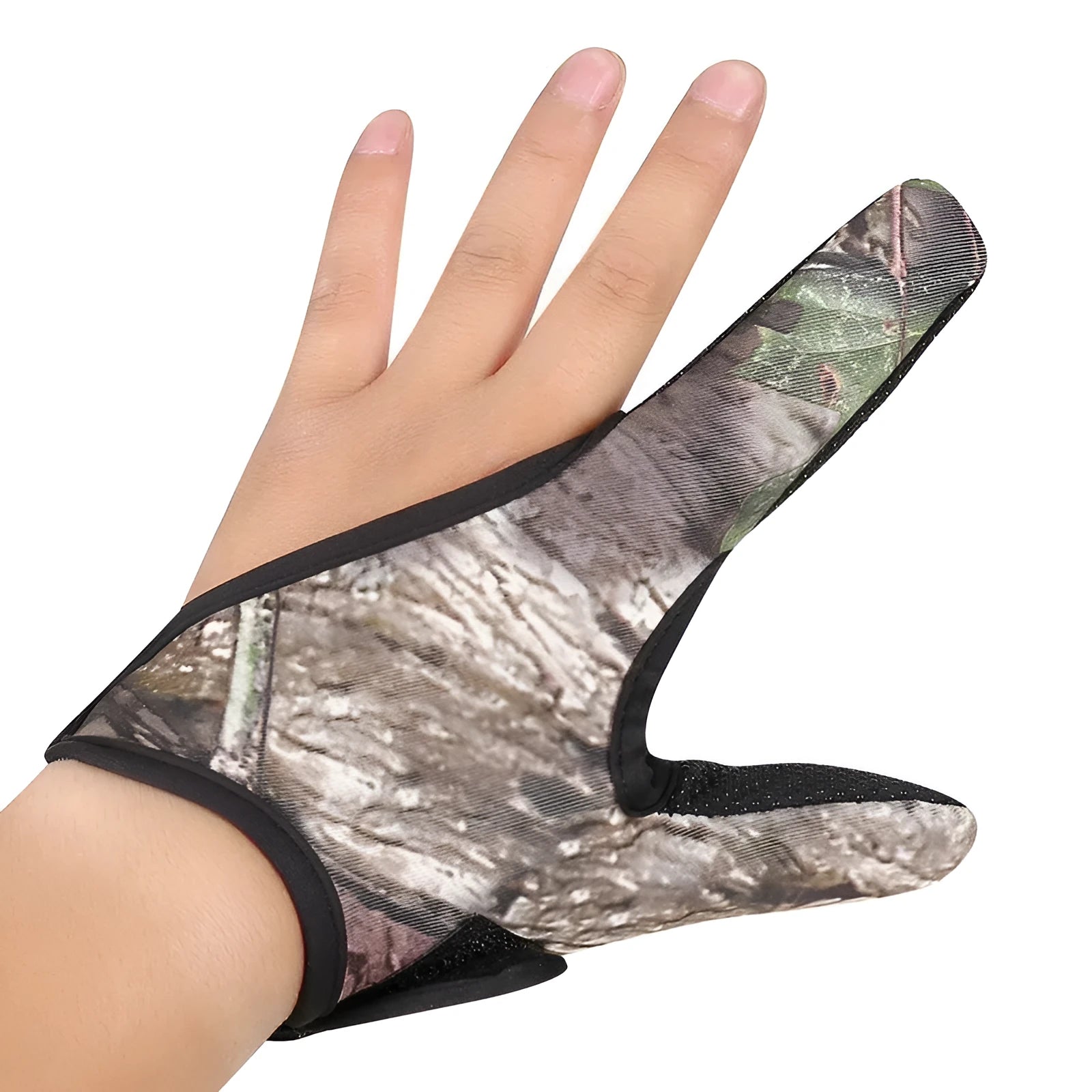 Two finger fishing glove showing diving cloth back and microfiber palm for tackle handling