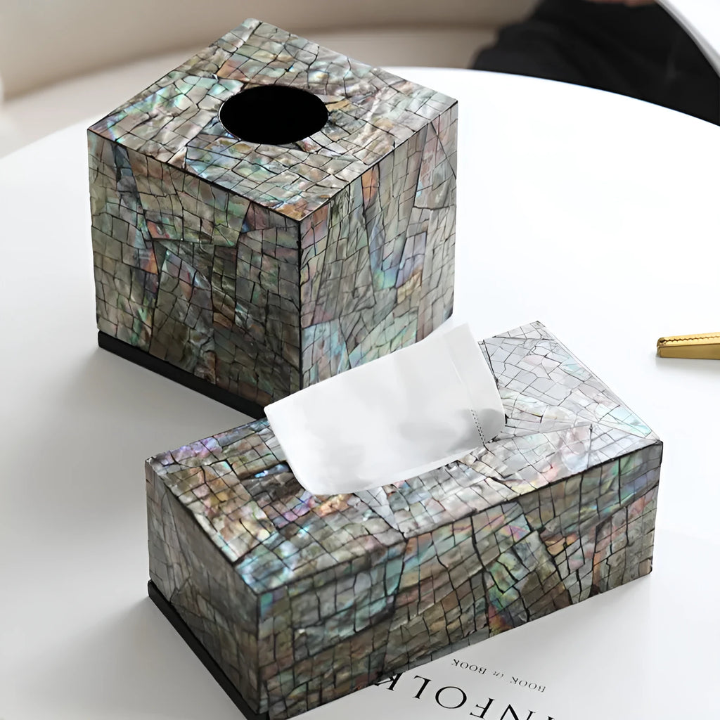 Natural shell tissue box storage container in black with removable organisation for coffee tables