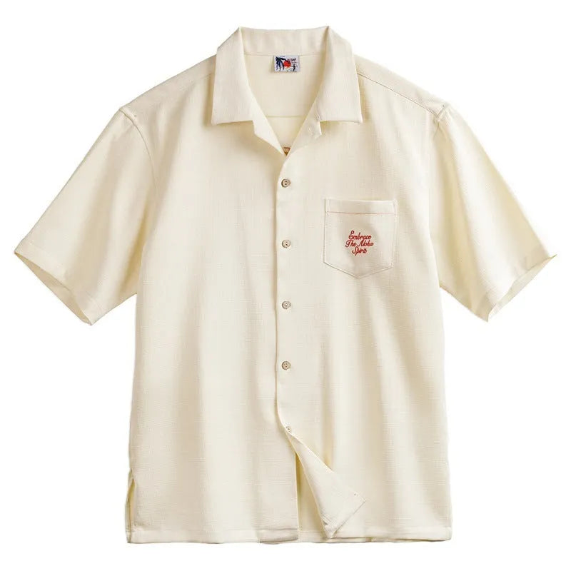 Men's light apricot bamboo pattern Cuban collar short sleeve shirt