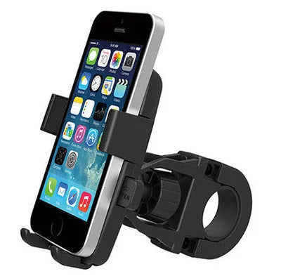 Black ABS plastic bicycle handlebar mobile phone holder with a secondary securing strap.