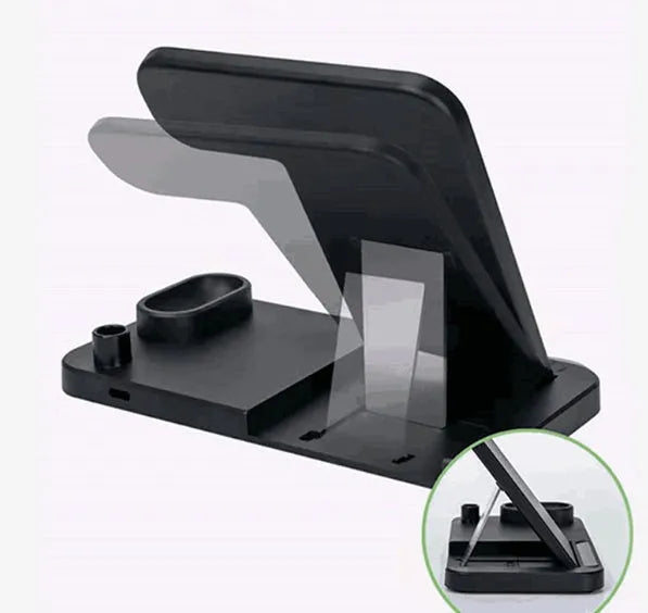 Black 4-in-1 wireless charging station for iPhone, Apple Watch, AirPods and Apple Pencil on a desk
