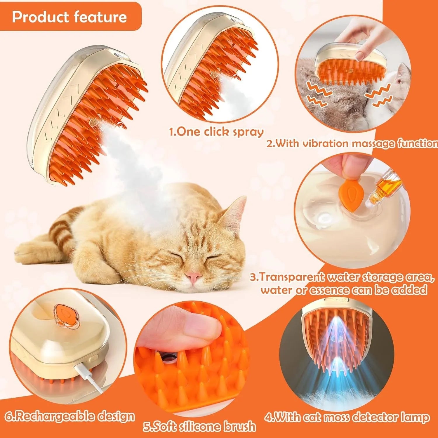 Yellow 4-in-1 cat steam grooming brush with silicone bristles, water tank, and ringworm detector lamp