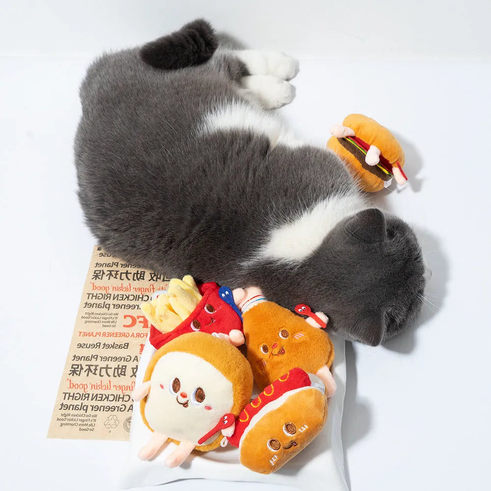 Cat chewing toy with hamburger and chicken leg designs for teething kittens