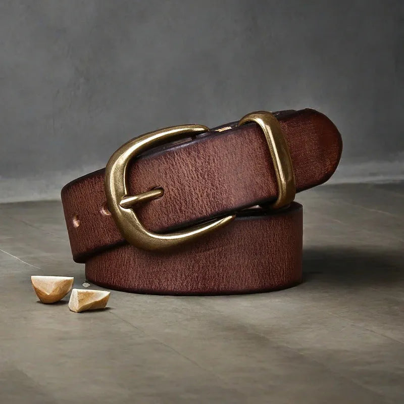 Men's casual belt in first layer cowhide leather with copper pin buckle, showing adjustable length from 95-125 cm
