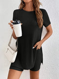 Women's casual crew neck short sleeve shorts suit in cotton blend, black color option, front view