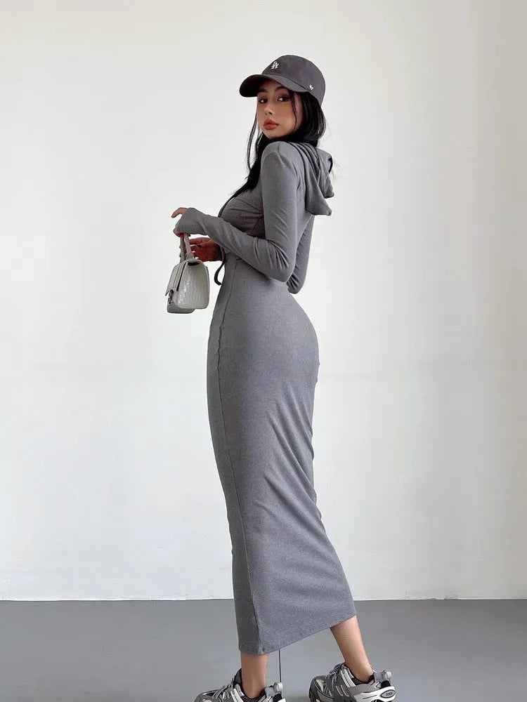 Women's grey hooded pullover dress with long sleeves and a high-waist sheath silhouette.