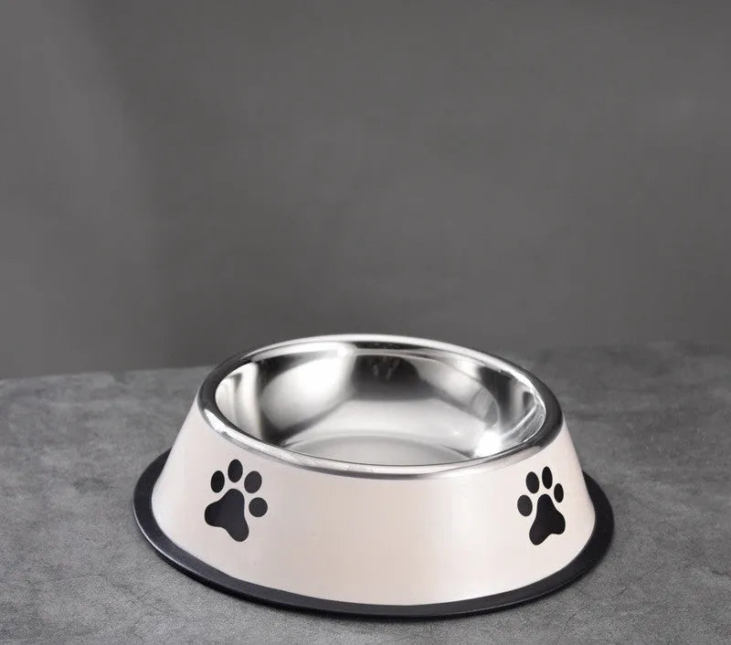 Printed non-slip stainless steel pet bowl for dogs and cats in gray, shown on a floor