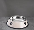 Printed non-slip stainless steel pet bowl for dogs and cats in gray, shown on a floor
