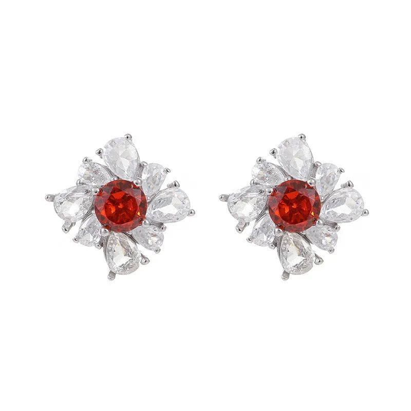 925 silver retro geometric red earrings with electroplated white gold finish and diamond temperament accent