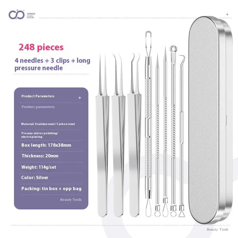 Four silver metal acne needles with ultra-fine points for blackhead removal.