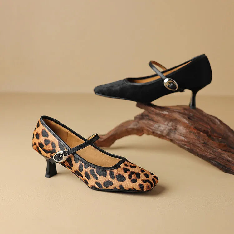 Women's square toe stiletto ankle-strap shoes in black or brown with horse hair upper and pigskin lining