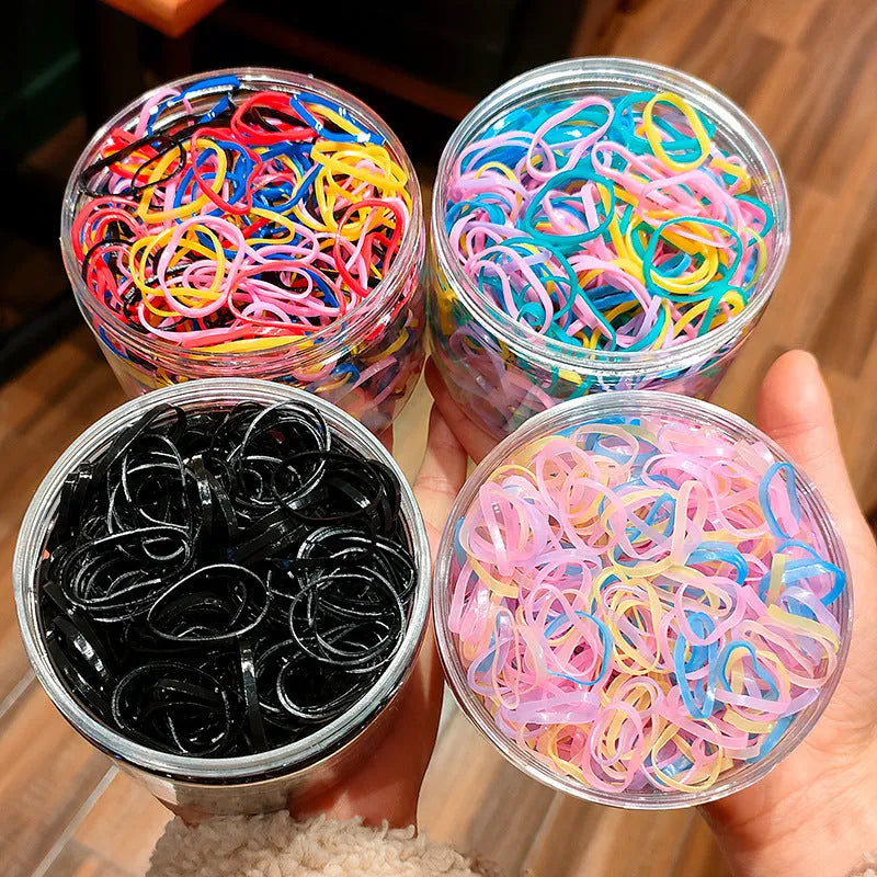 Multi-colour TPU baby hair ties in a reusable container for toddler fine hair, 300 piece pack