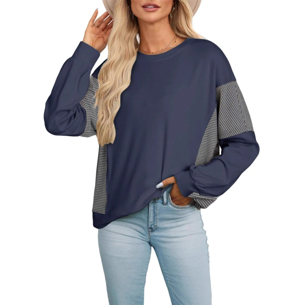 Striped colour-blocked round neck long-sleeved pullover sweatshirt in polyester, available in multiple colours and sizes S-XXL