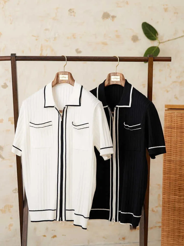 Slim elastic short-sleeved polo shirt with lapel collar in black or white colours