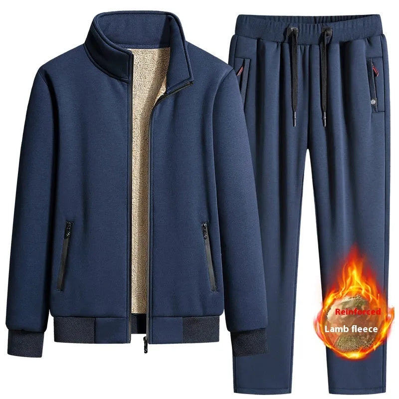 Men's cotton winter fleece set with long-sleeve coat and trousers, plus size, black drawstring style