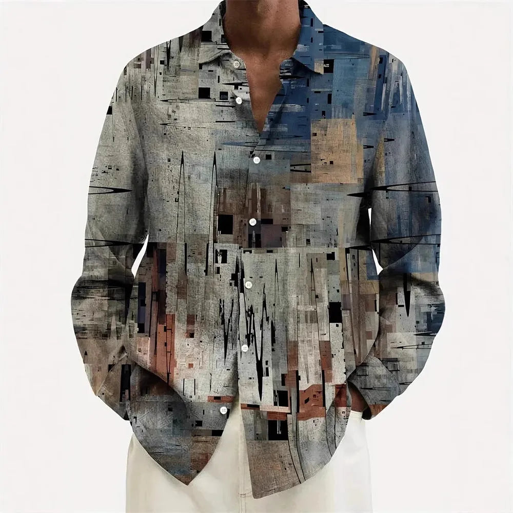 Hawaiian style men's long sleeve shirt with flower pattern, loose fit, polyester fabric