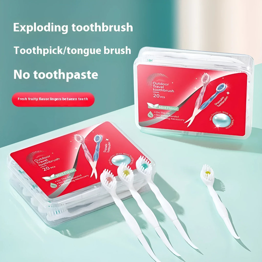 Box of 20 disposable bead toothbrushes with integrated toothpaste for travel and emergency dental care