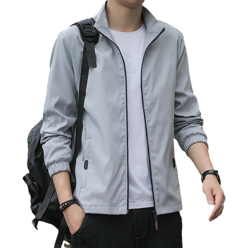 Men's Korean style loose fit autumn jacket with lapel collar and zippered pockets in multiple colours