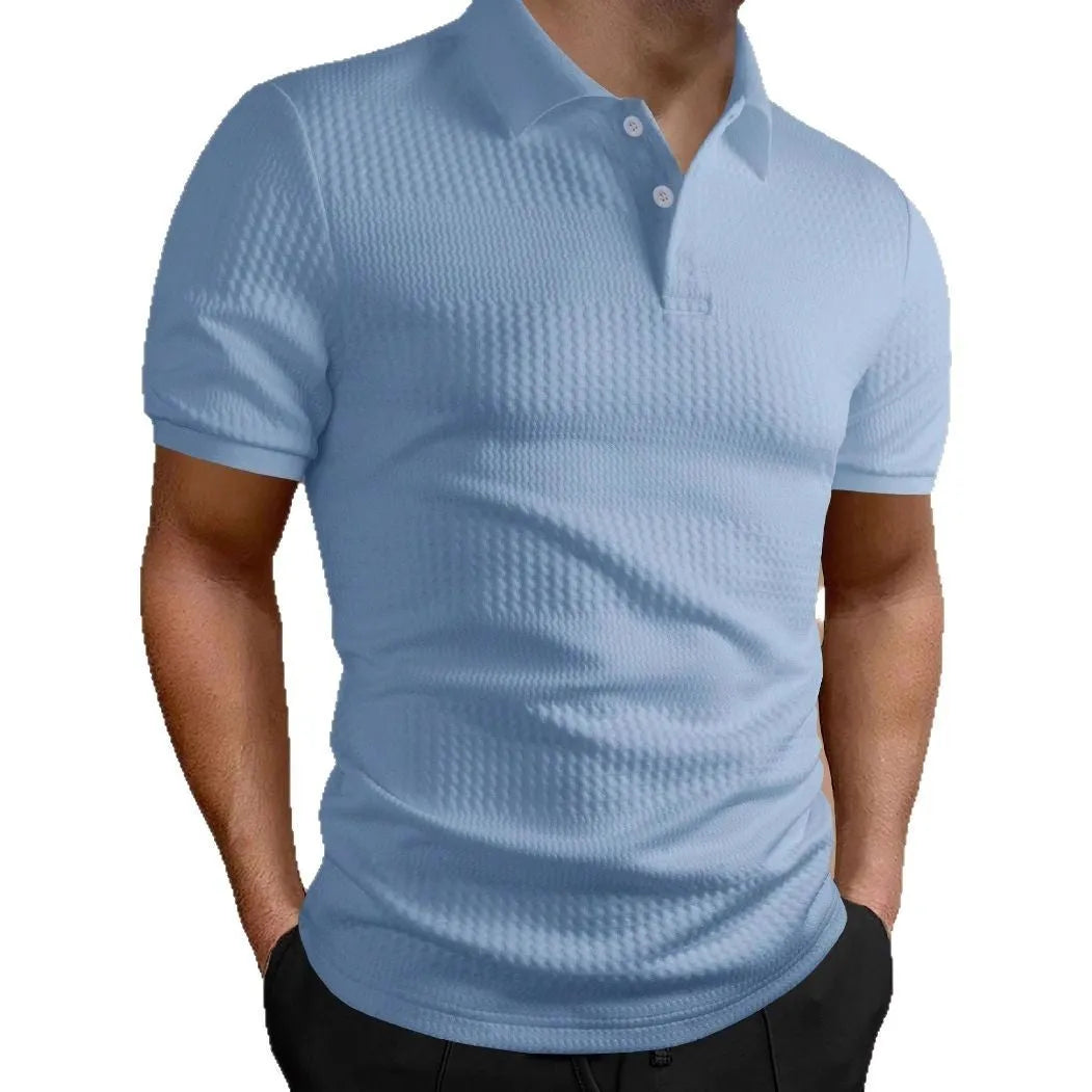 Men's striped polo shirt in khaki, loose fit short sleeve, asymmetric detail, polyester blend