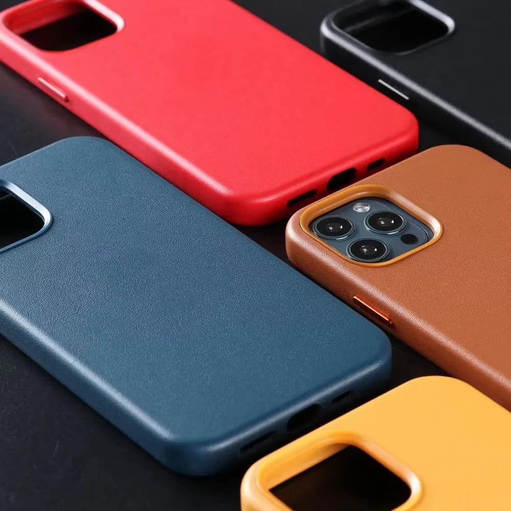 Real cowhide leather phone case for iPhone 12 Pro Max and 13 Pro Max in solid black colour with magnetic vibration feature