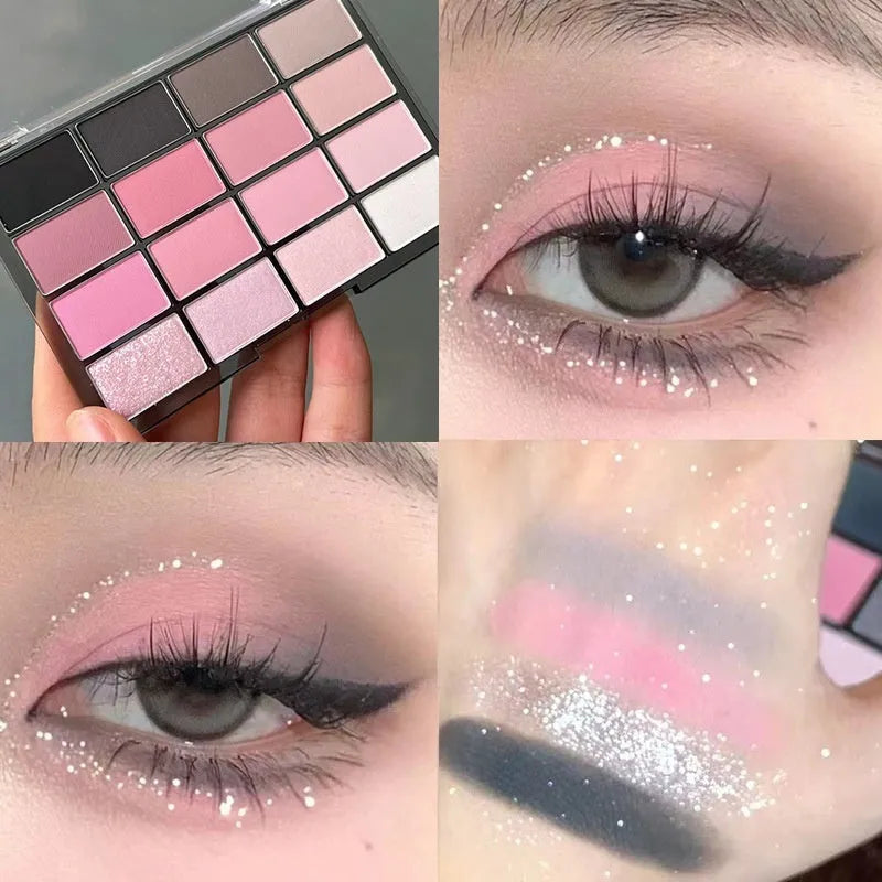 16 colour eyeshadow plate with shimmer and matte finishes in pink and brown shades
