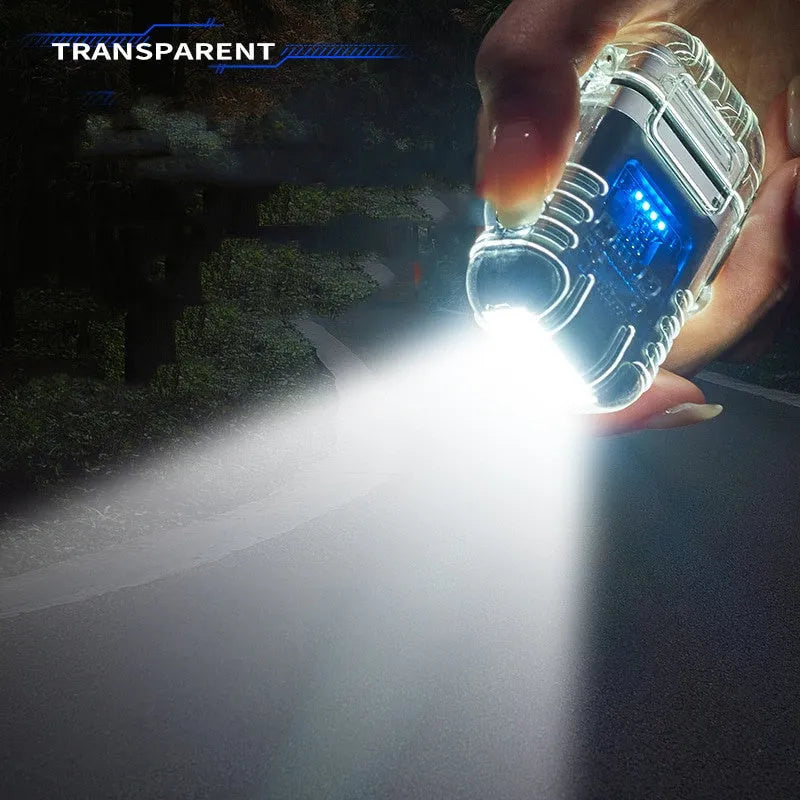 Transparent shell double arc lighter with USB rechargeable battery and triple-mode flashlight in black