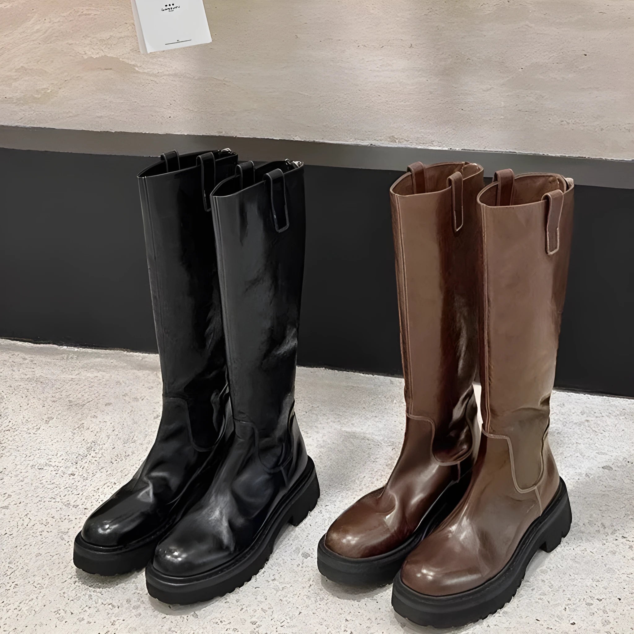 Round head thick bottom chunky heel long tube knight boots in black with back zipper and microfiber upper