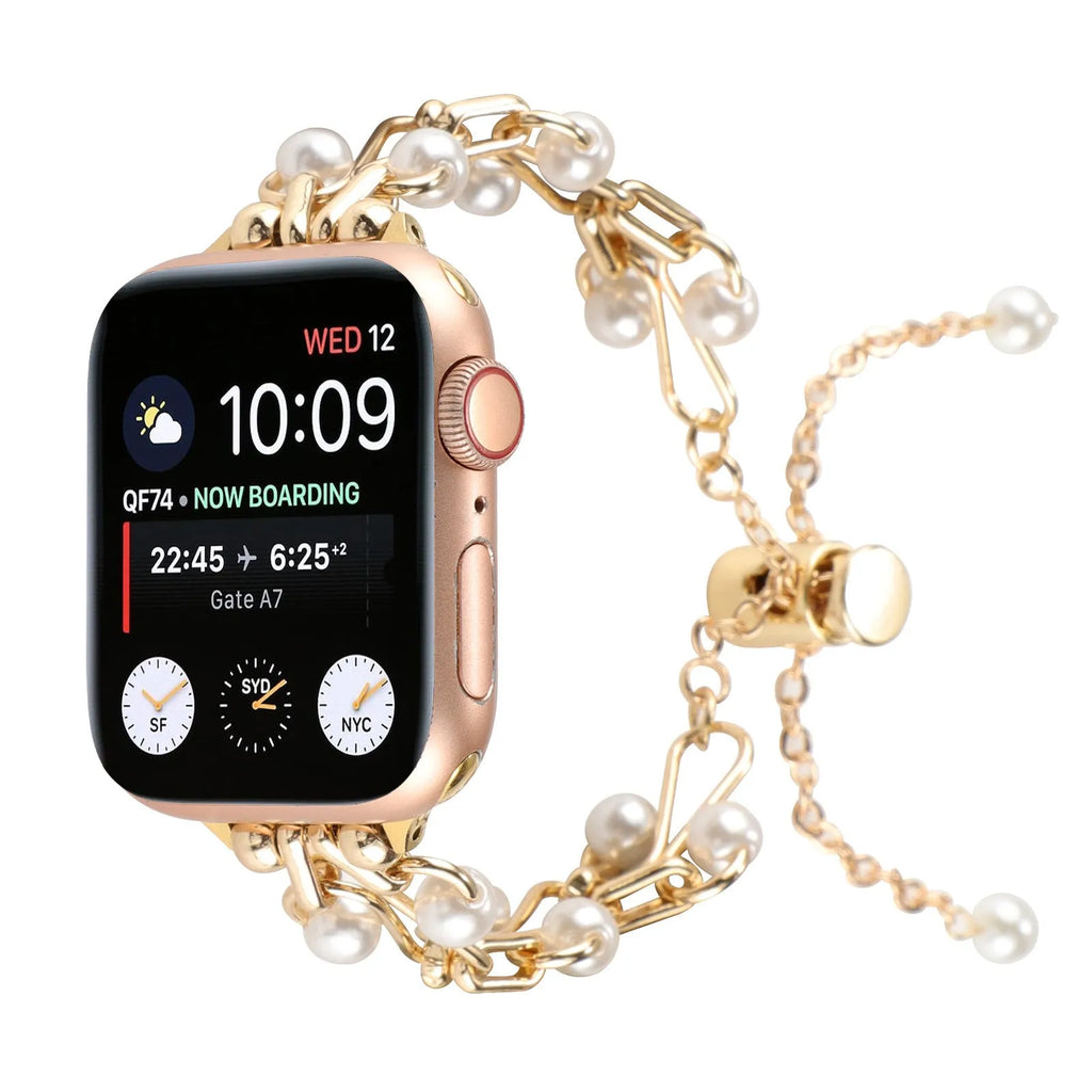 Pearl love necklace smart watch strap for Apple in simple metal style with decorative pearl accents