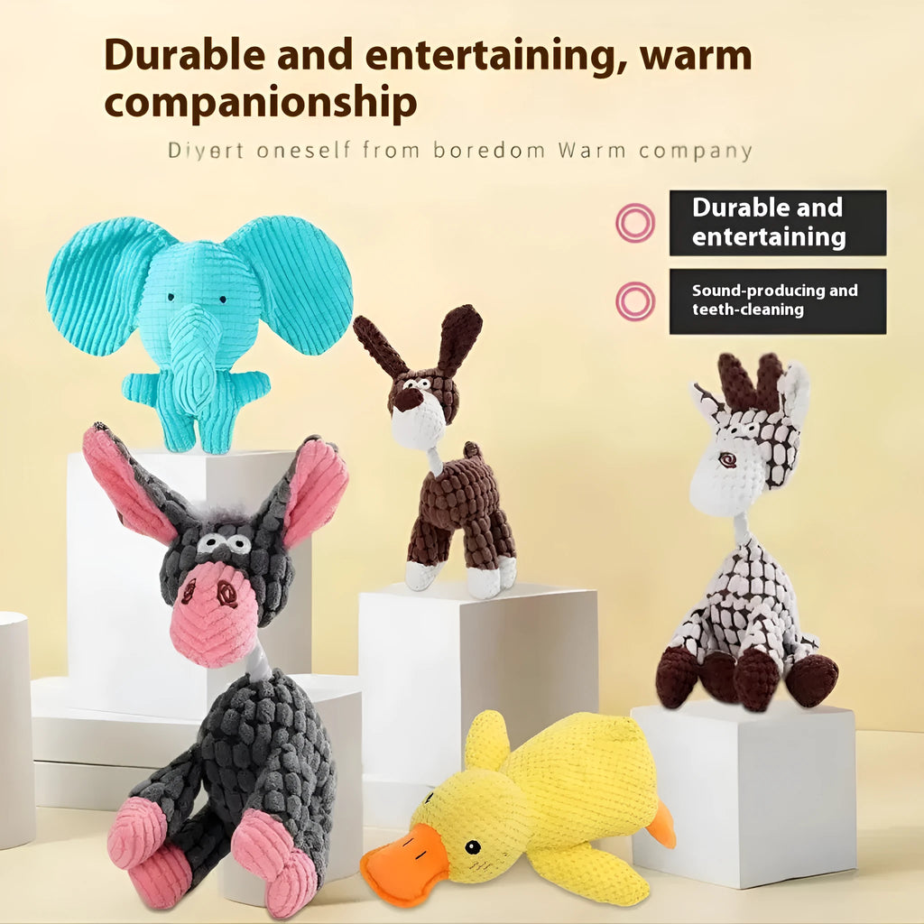 Assortment of soft plush pet toys: donkey, rechargeable duck, blue elephant, dizzy dog, and blink elephant.