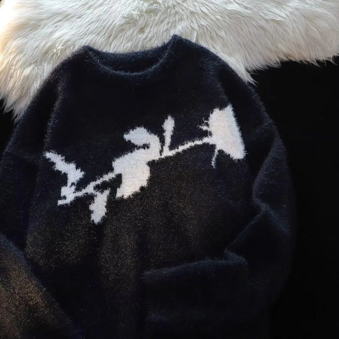 American dark rose flocking horse sweater for men, long sleeve pullover in black, cotton blend fabric