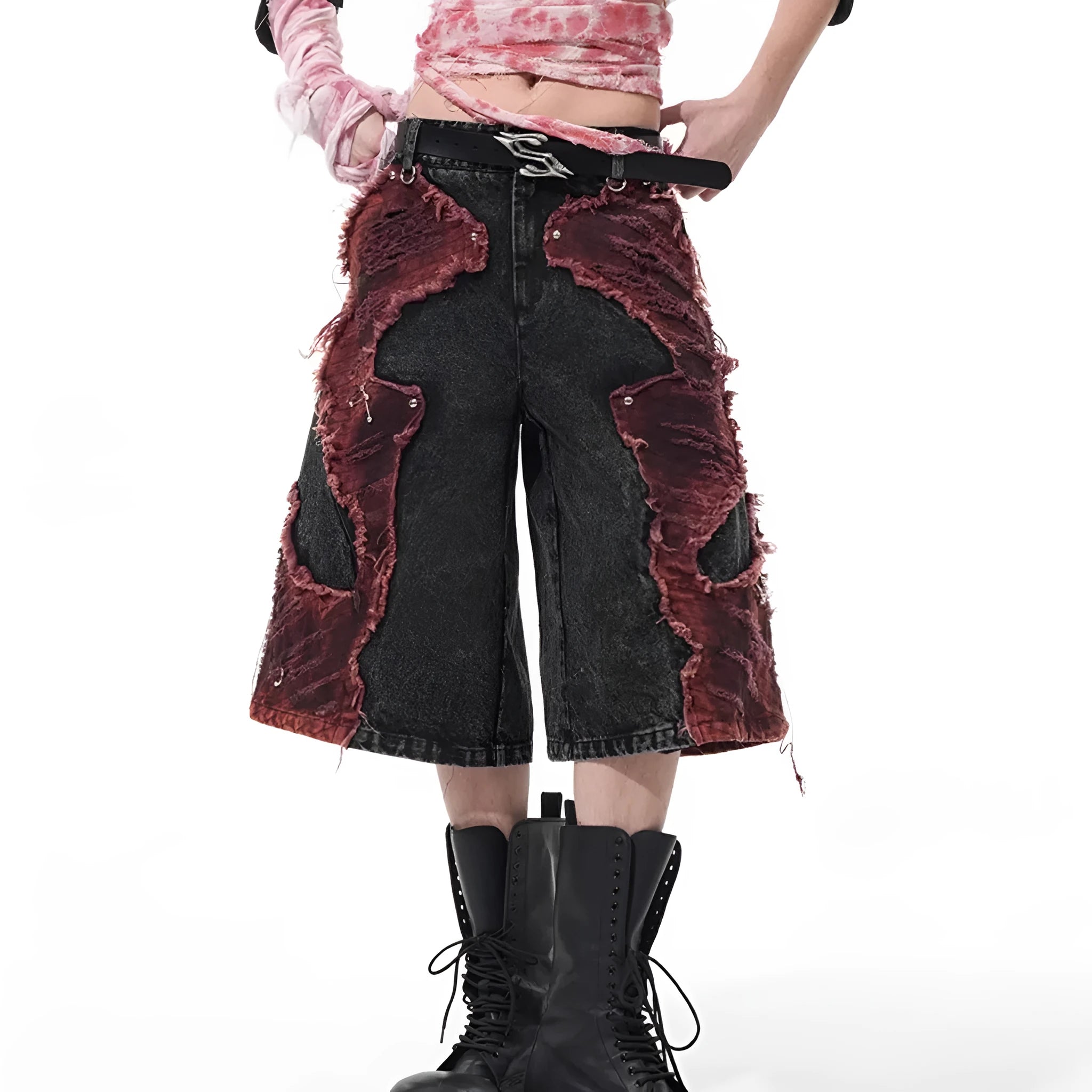 Distressed brushed stitching denim cropped pants for women, wide leg, mid-high waist, loose fit, picture colour