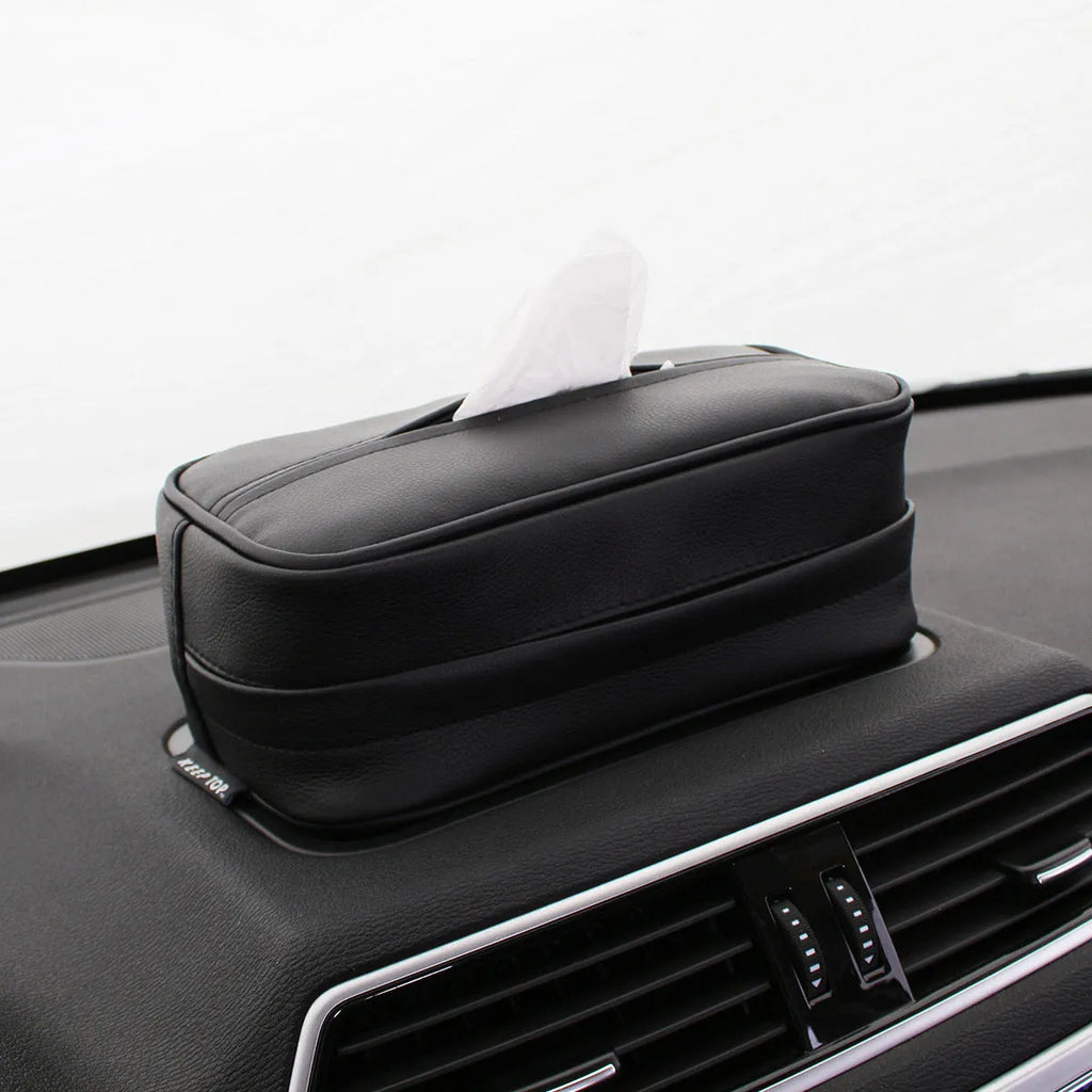 Black leather hanging storage box with paper bag for car or home organisation
