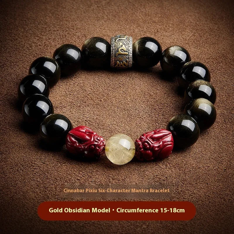 Natural retro hand-beaded cinnabar bracelet with silver stone beads featuring carved animal zodiac motifs