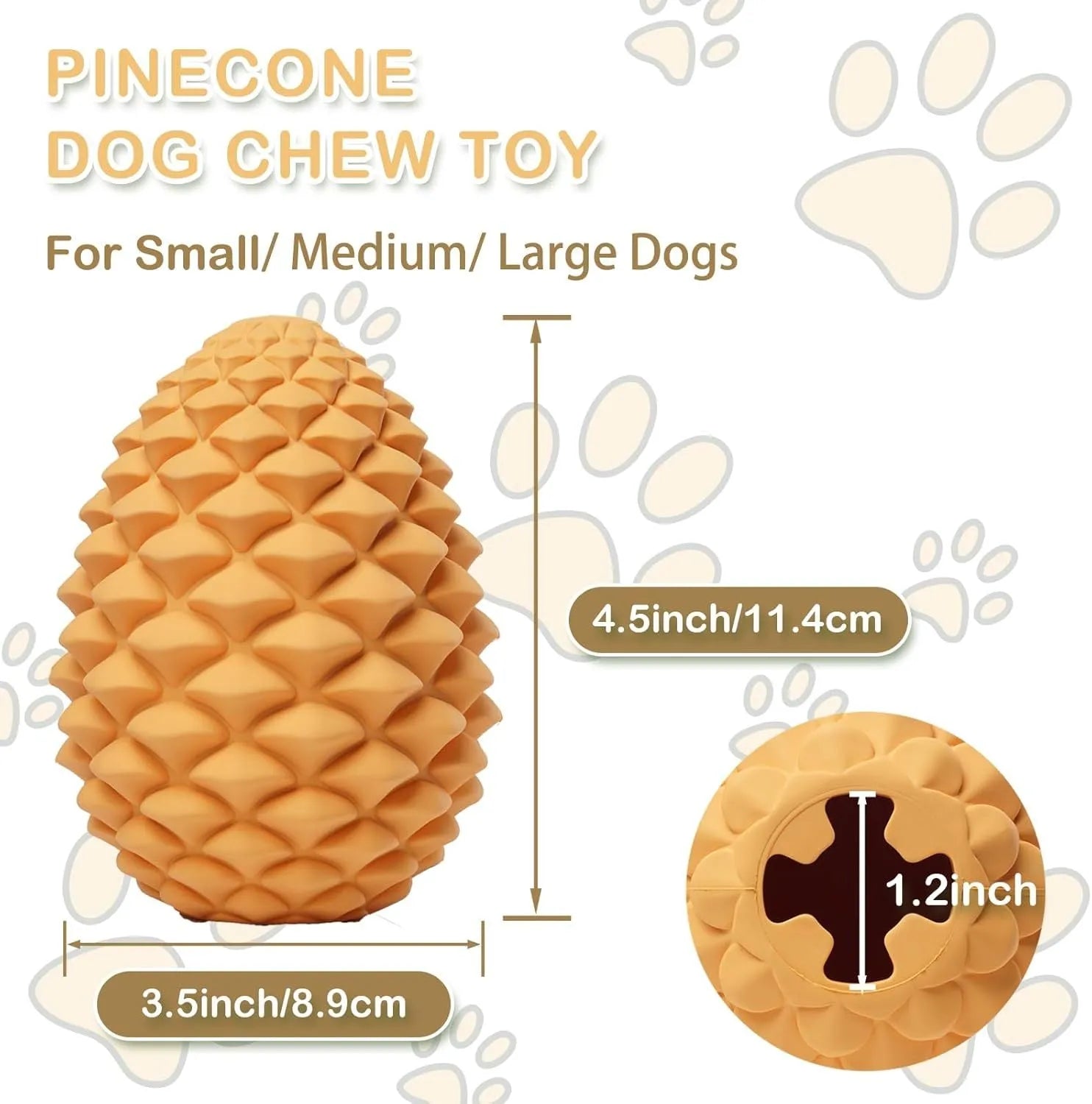 Yellow pine cone shaped dog chew toy with textured surface and treat dispensing hole