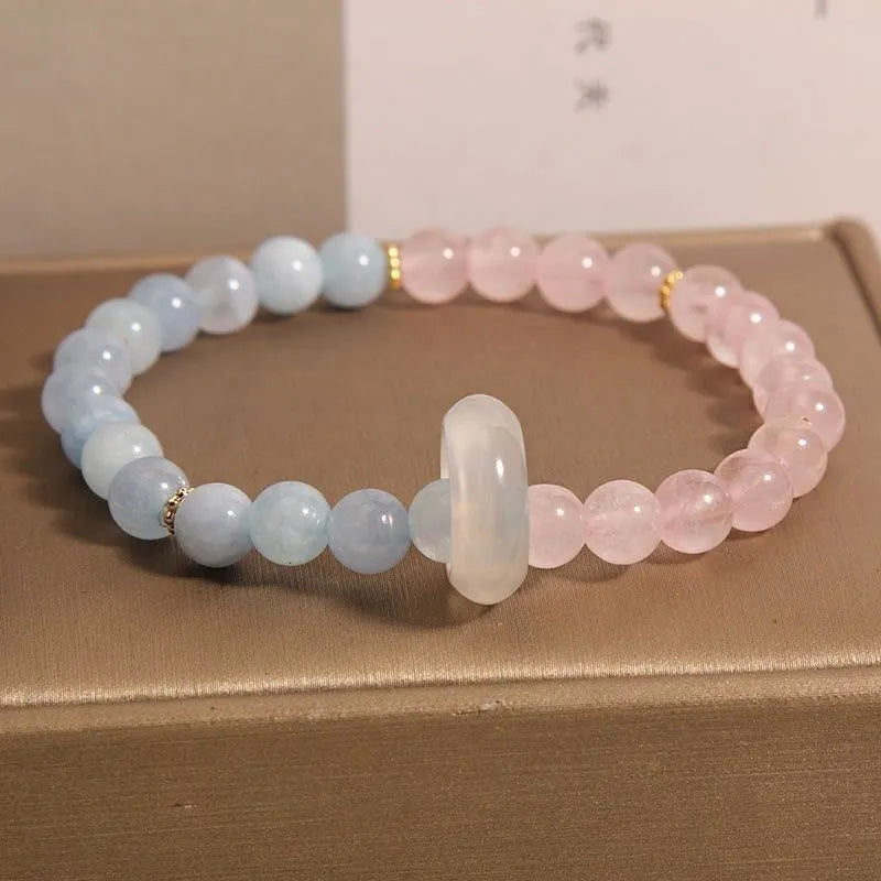 Women's aquamarine crystal bracelet with round natural pink crystal beads, light luxury style, handmade jewellery