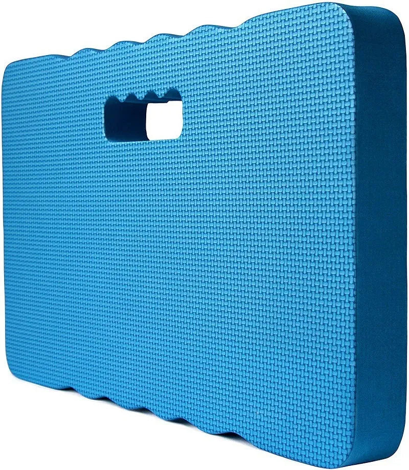 Blue plastic garden kneeler and seat with Eva foam cushion and integrated carry handle.