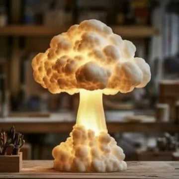 Atomic bomb mushroom cloud shaped decorative USB table lamp on a table.