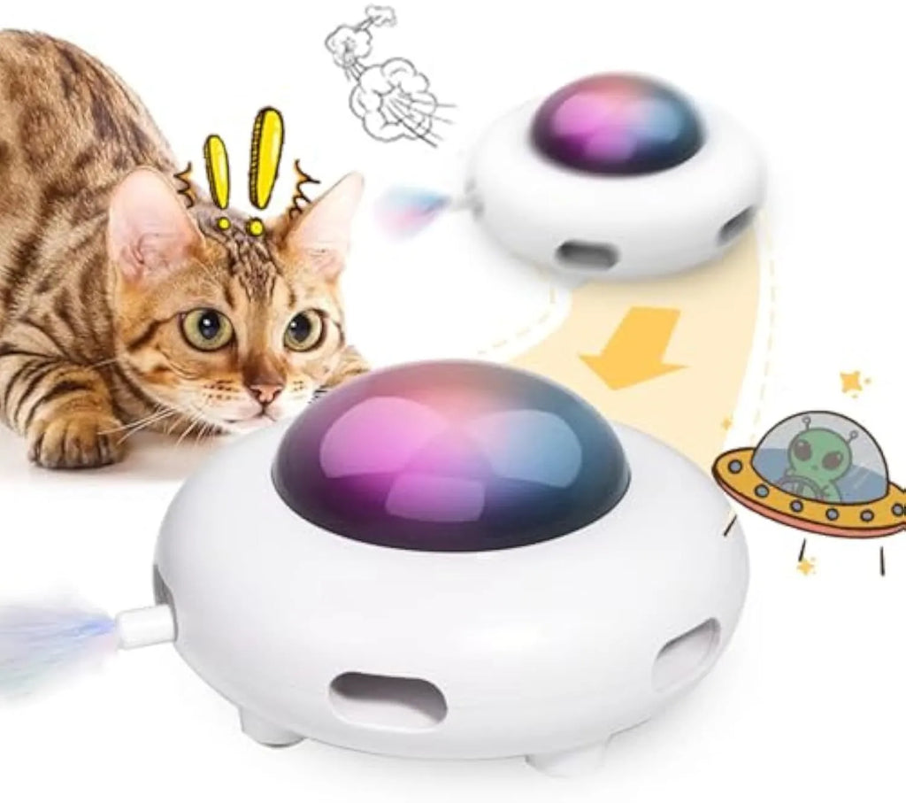 White interactive UFO cat toy with colourful LEDs and feather holes on a wooden floor
