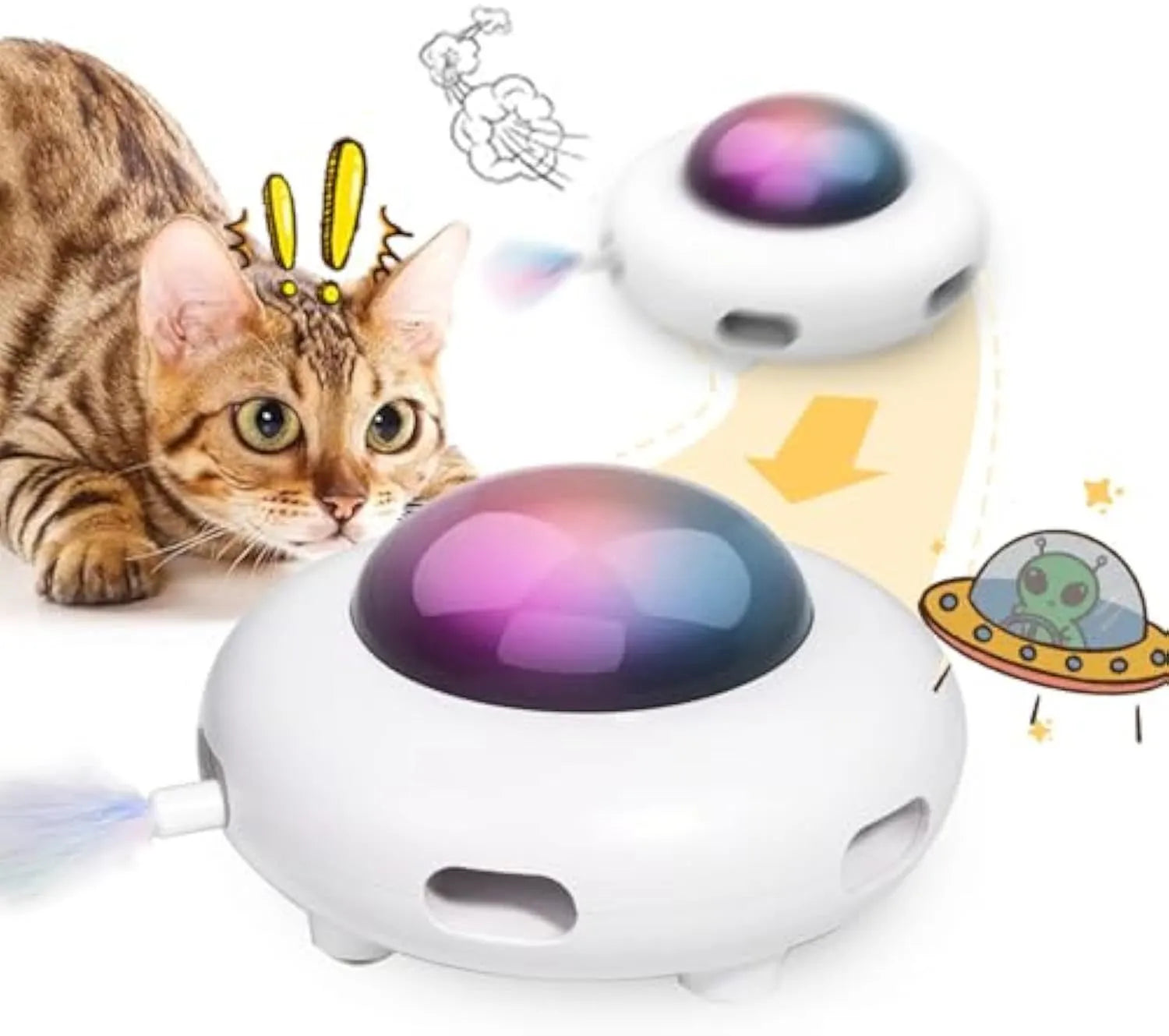 White interactive UFO cat toy with colourful LEDs and feather holes on a wooden floor