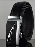Men's black leather belt with automatic buckle showing 3.5cm width and adjustable length