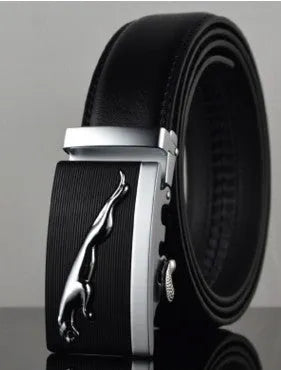 Men's black leather belt with automatic buckle showing 3.5cm width and adjustable length