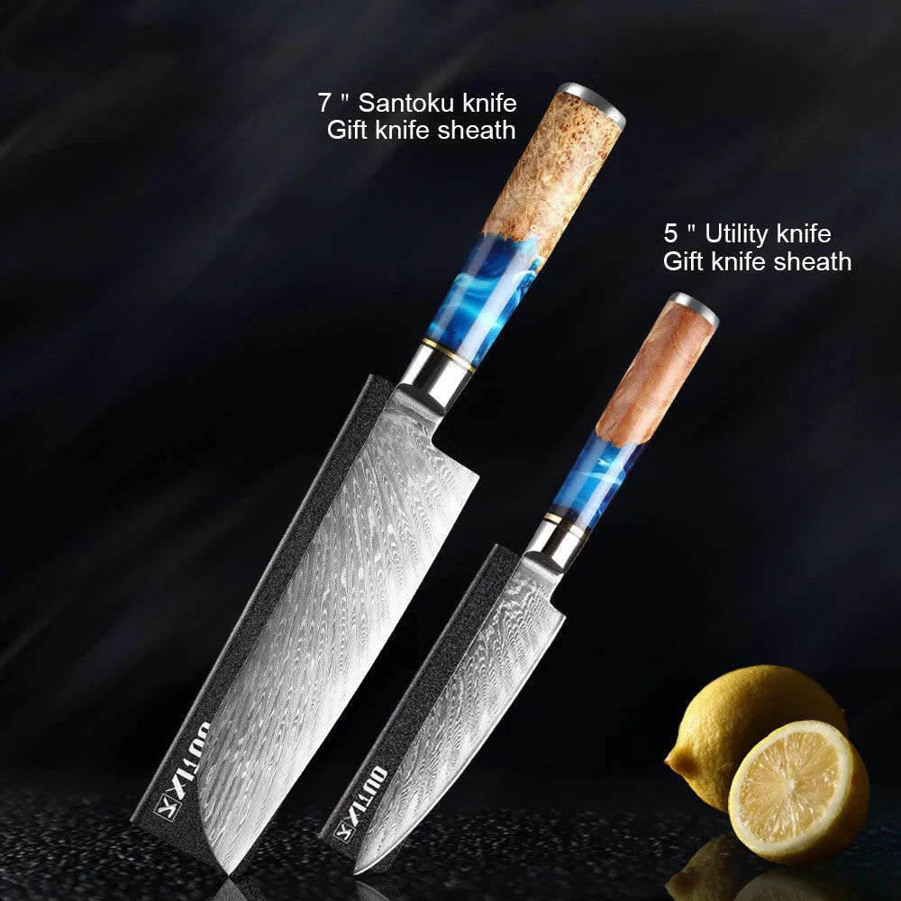 7-piece Damascus steel kitchen knife set including chef knife, bread knife, and boning knife on a wooden surface