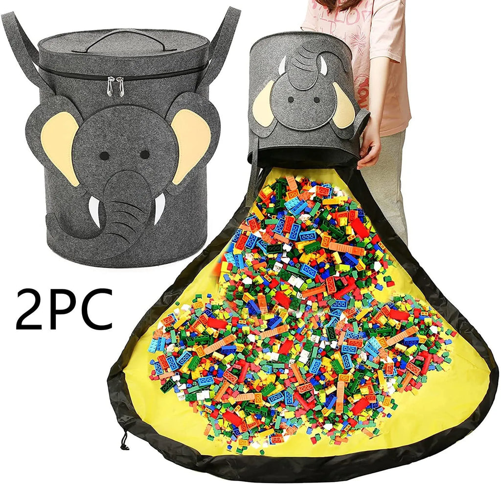 Green felt cube storage bag with pull rope, unfolded flat as a large rectangular play mat.