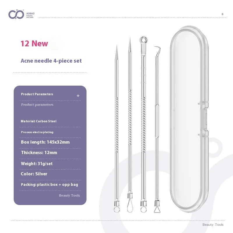 Four silver metal acne needles with ultra-fine points for blackhead removal.