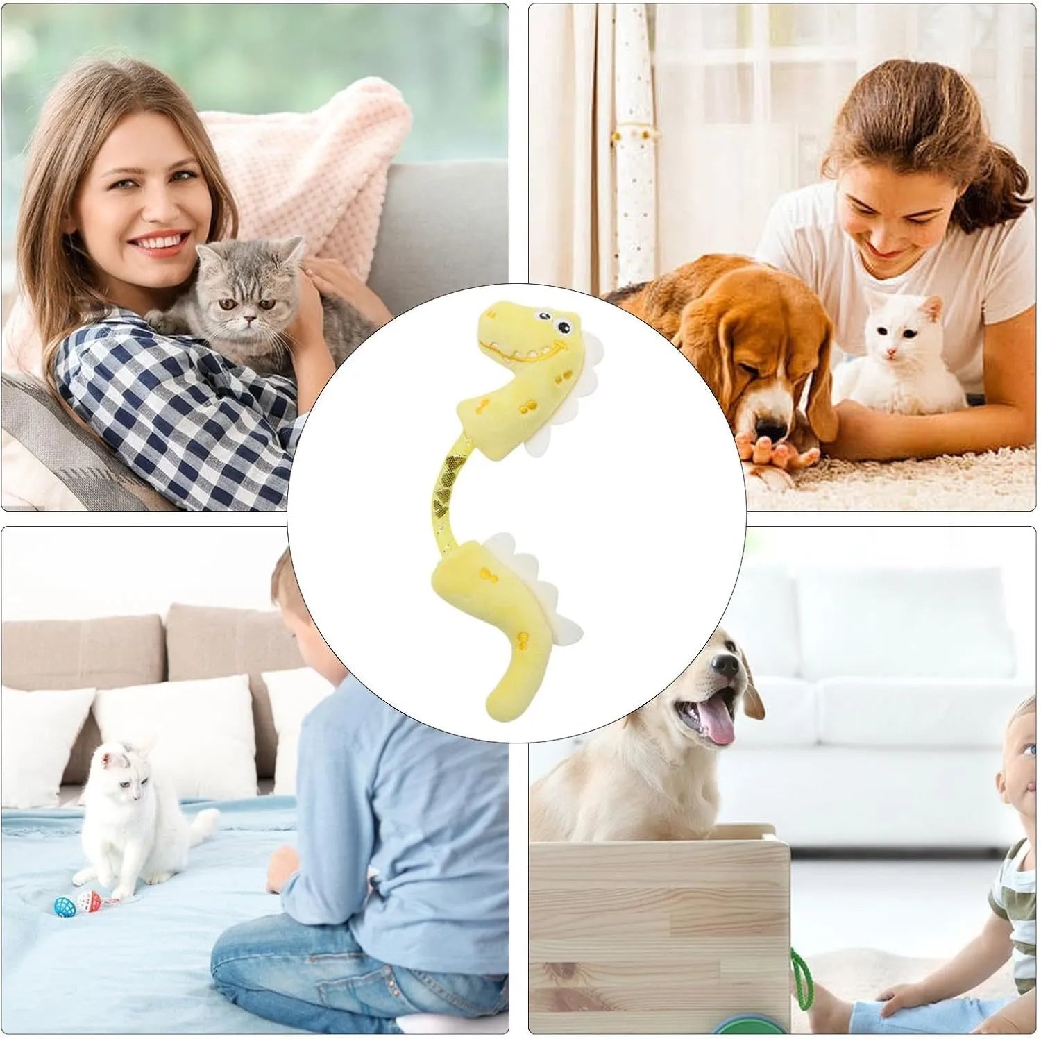 Four-piece cat toy set with rope, springs, and kicker toys in pink, purple, and yellow colours.