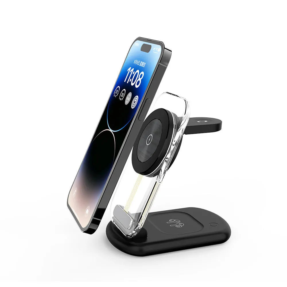 Transparent folding magnetic three-in-one wireless charger showing black and white colour options